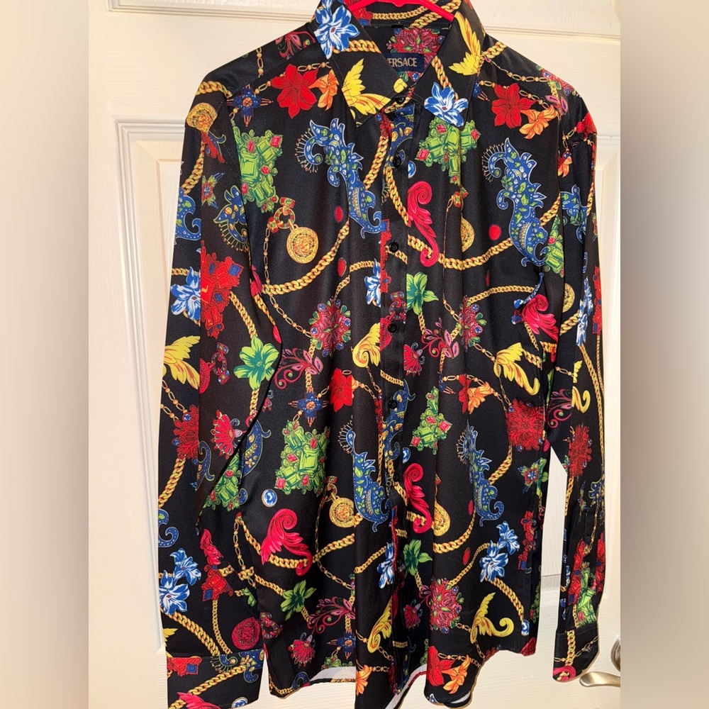 Men’s Colorful Patterned Button-Up Shirt 17 Large Versace like runway jewelry